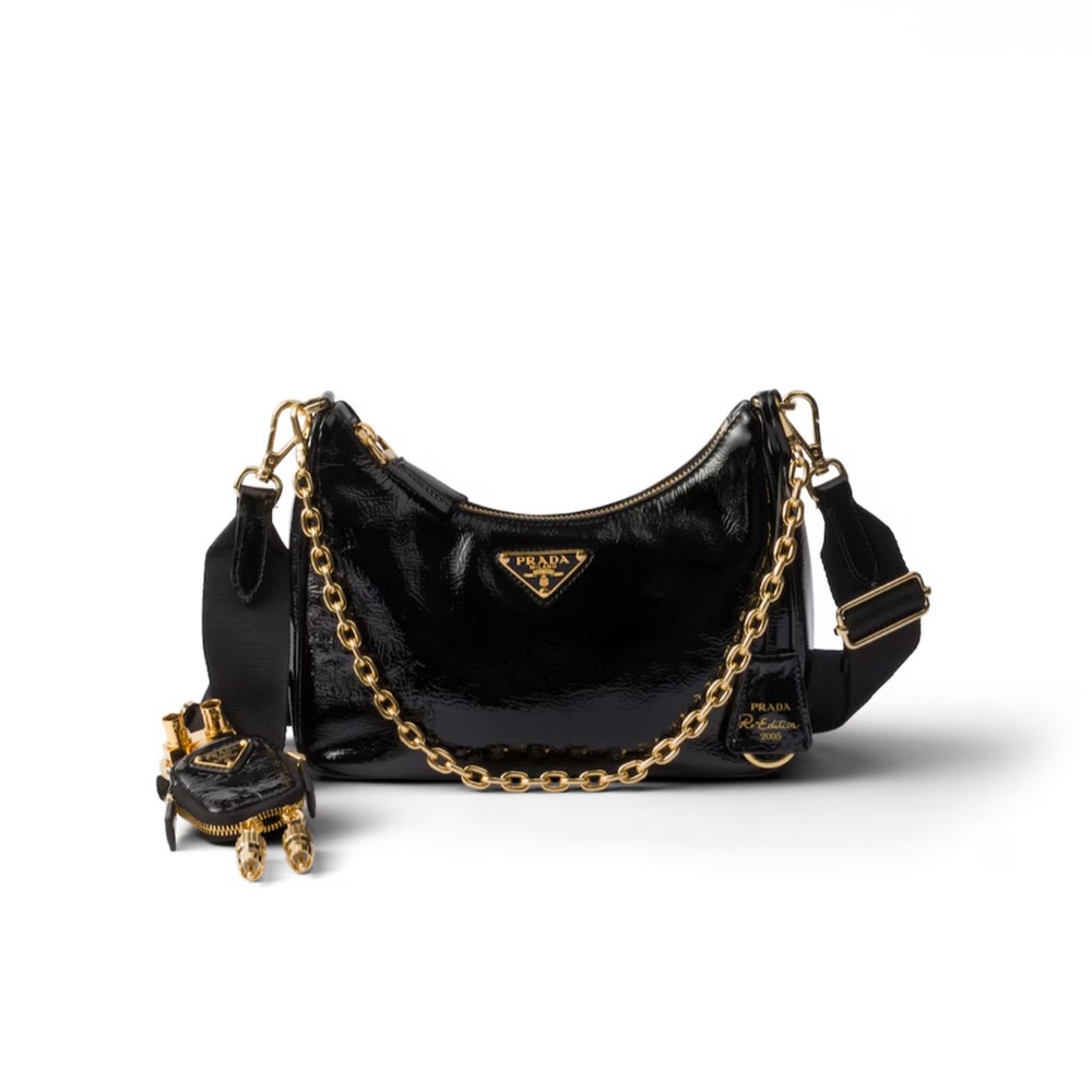 Prada Black Patent Leather Shoulder Bag with Gold Chain Strap